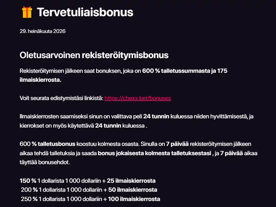 CHEXXin tervetulobonuksen nykyinen bonusnäkymä