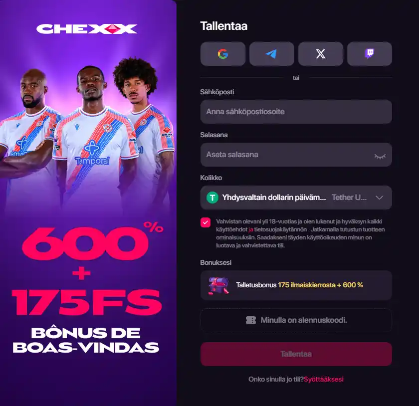 CHEXX tilin rekisteröinti- ja profiilinäkymä